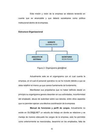 Esta misión y visón de la empresa se elabora teniendo en

cuenta que es alcanzable y que deberá socializarse como política

institucional dentro de la empresa.



Estructura Organizacional




                                  GERENTE
                               DAIANNA REYES




               ANALISTA DE                      SECRETARIO
                SISTEMAS                        KEVIN POVEDA
               JOSÉ VILLEGAS


                      Figura 2. Organigrama glob@lnet



             Actualmente este es el organigrama con el cual cuenta la

empresa, en el cual el personal operativo no se ha incluido debido a que se

debe redefinir el mismo ya que carece fuertemente de fundamento.

             Manifiestan sus propietarios que no haber definido desde un

principio su organigrama genera desorden en sus actividades, inconformidad

del empleado, abuso de autoridad sobre sus labores, entre otros aspectos

que no permiten ejercer una efectiva coordinación de la empresa.

             Manual de funciones y perfil de cargos. Actualmente no

existe en GLOB@LNET un estudio de trabajo en donde se relacione y se

maneja de manera adecuado los cargos de la empresa, esto ha permitido

como anteriormente se mencionaba, desanimo en los empleados, falta de


                                      45
 