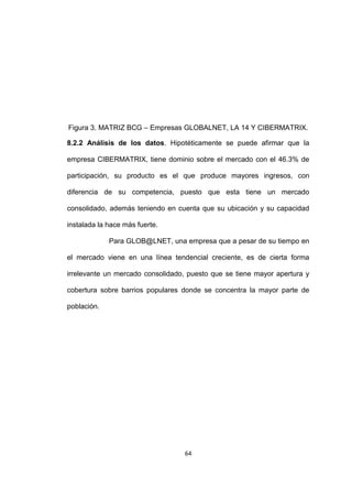 Figura 3. MATRIZ BCG – Empresas GLOBALNET, LA 14 Y CIBERMATRIX.

8.2.2 Análisis de los datos. Hipotéticamente se puede afirmar que la

empresa CIBERMATRIX, tiene dominio sobre el mercado con el 46.3% de

participación, su producto es el que produce mayores ingresos, con

diferencia de su competencia, puesto que esta tiene un mercado

consolidado, además teniendo en cuenta que su ubicación y su capacidad

instalada la hace más fuerte.

             Para GLOB@LNET, una empresa que a pesar de su tiempo en

el mercado viene en una línea tendencial creciente, es de cierta forma

irrelevante un mercado consolidado, puesto que se tiene mayor apertura y

cobertura sobre barrios populares donde se concentra la mayor parte de

población.




                                   64
 