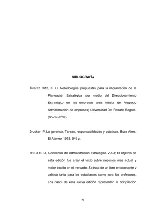 BIBLIOGRAFÍA


Álvarez Ortiz, K. C. Metodologías propuestas para la implantación de la

            Planeación    Estratégica      por   medio   del Direccionamiento

            Estratégico en las empresas tesis inédita de Pregrado

            Administración de empresas) Universidad Del Rosario Bogotá.

            (03-dic-2009).



Drucker, P. La gerencia. Tareas, responsabilidades y prácticas. Bues Aires:

            El Ateneo, 1992. 549 p.



FRED R, D., Conceptos de Administración Estratégica, 2003: El objetivo de

            esta edición fue crear el texto sobre negocios más actual y

            mejor escrito en el mercado. Se trata de un libro emocionante y

            valioso tanto para los estudiantes como para los profesores.

            Los casos de esta nueva edición representan la compilación




                                      73
 