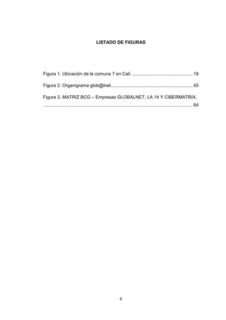 LISTADO DE FIGURAS




Figura 1. Ubicación de la comuna 7 en Cali. ............................................... 18

Figura 2. Organigrama glob@lnet ................................................................ 45

Figura 3. MATRIZ BCG – Empresas GLOBALNET, LA 14 Y CIBERMATRIX.
..................................................................................................................... 64




                                                           8
 