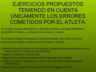 -El receptor necesita más práctica, revisar las marcas y sus responsabilidades. Incrementar el trabajo y confianza entre portador y receptor. -El receptor necesita más práctica, revisar las marcas y las voces de cambio. Incrementar el trabajo y confianza entre portador y receptor. -Establecer donde el cambio se va a producir y asegurar que los atletas tienen una buena acción de carrera durante el cambio. Trabajar la resistencia a la velocidad. -Asegurarse que todos los atletas conocen las reglas de la prueba. -Practicar el cambio, asegurarse de que la marca de salida está posicionada correctamente. -Asegurar que el receptor inicia cuando el portador llega a la marca. EJERCICIOS PROPUESTOS TENIENDO EN CUENTA ÚNICAMENTE LOS ERRORES COMETIDOS POR EL ATLETA: 
