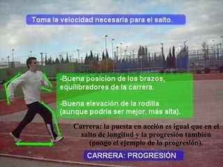 Carrera: la puesta en acción es igual que en el salto de longitud y la progresión también (pongo el ejemplo de la progresión). 