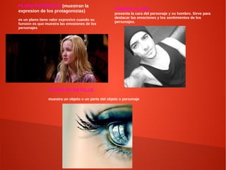 PRIMER PLANO:
presenta la cara del personaje y su hombro. Sirve para
destacar las emociones y los sentimientos de los
personajes.
PLANO EXPRESIVO:(muestran la
expresion de los protagonistas)
es un plano tiene valor expresivo cuando su
funsion es que muestra las emosiones de los
personajes
PLANO DE DETALLE:
muestra un objeto o un parte del objeto o personaje
 