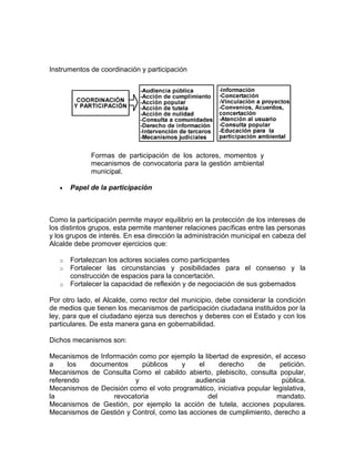 Instrumentos de coordinación y participación
Formas de participación de los actores, momentos y
mecanismos de convocatoria para la gestión ambiental
municipal.
Papel de la participación
Como la participación permite mayor equilibrio en la protección de los intereses de
los distintos grupos, esta permite mantener relaciones pacíficas entre las personas
y los grupos de interés. En esa dirección la administración municipal en cabeza del
Alcalde debe promover ejercicios que:
o Fortalezcan los actores sociales como participantes
o Fortalecer las circunstancias y posibilidades para el consenso y la
construcción de espacios para la concertación.
o Fortalecer la capacidad de reflexión y de negociación de sus gobernados
Por otro lado, el Alcalde, como rector del municipio, debe considerar la condición
de medios que tienen los mecanismos de participación ciudadana instituidos por la
ley, para que el ciudadano ejerza sus derechos y deberes con el Estado y con los
particulares. De esta manera gana en gobernabilidad.
Dichos mecanismos son:
Mecanismos de Información como por ejemplo la libertad de expresión, el acceso
a los documentos públicos y el derecho de petición.
Mecanismos de Consulta Como el cabildo abierto, plebiscito, consulta popular,
referendo y audiencia pública.
Mecanismos de Decisión como el voto programático, iniciativa popular legislativa,
la revocatoria del mandato.
Mecanismos de Gestión, por ejemplo la acción de tutela, acciones populares.
Mecanismos de Gestión y Control, como las acciones de cumplimiento, derecho a
 