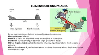 En una palanca podemos distinguir entonces los siguientes elementos:
El punto de apoyo o fulcro.
Potencia: la fuerza (en la figura de arriba: esfuerzo) que se ha de aplicar.
Resistencia: el peso (en la figura de arriba: carga) que se ha de mover.
El brazo de potencia (b2) : es la distancia entre el fulcro y el punto de la barra donde se aplica la
potencia.
El brazo de resistencia (b1): es la distancia entre el fulcro y el punto de la barra donde se encuentra
la resistencia o carga.
ELEMENTOS DE UNA PALANCA
 