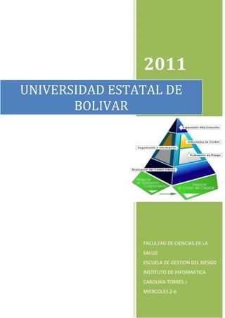 2011FACULTAD DE CIENCIAS DE LA SALUDESCUELA DE GESTION DEL RIESGOINSTITUTO DE INFORMATICACAROLINA TORRES J.MIERCOLES 2-6UNIVERSIDAD ESTATAL DE BOLIVARrightcenter<br />UNIVERSIDAD ESTATAL DE BOLIVAR<br />INSTITUTO DE INFORMATICA<br />NOMBRE: CAROLINA TORRES J.<br />CURSO: MIERCOLES 2-6<br />TRABAJO AUTONOMO N*2<br />MEJORA CONTINUA EN LA GESTIÓN DE RIESGOSAUDITORIAPOLITICA PREVENTIVAORGANIZACIÓNEVALUACIÓN DE LA EFECTIVIDAD DE LOS COMPONENTES DEL SISTEMA.PLAN ESTRATÉGICO.PROGRAMA DE MEJORAS A EFECTUAR.DEFINICIÓN DE PRINCIPIOSCOMPROMISOS Y OBJETIVOSIMPLEMENTACIÓN DE LA MEJORA CONTINUAFUNCIONES DE LA PREVENCIÓNPARTICIPACIÓN DE LA DIRECCIÓNDEPARTAMENTO DE PREVENCIÓNCOMITES PARITARIOSGRUPOS DE TRABAJODELEGADOS POR ÁREAEJECUCIÓN Y COORDINACIÓNPLANIFICACIÓNEVALUACIÓN DE RIESGOSIMPLEMETAR PROCEDIMIENTOSDOCUMENTACIÓN DE LAS ACCIONESCOORDINACIÓN INTERNA Y EXTERNA DE LAS ACCIONESACCIONES PARA ELIMINAR O REDUCIR LOS RIESGOSFORMACIÓN Y PARTICIPACIÓN DE LOS COLABORADORESACCIONES PARA CONTROLAR LOS RIESGOSACCIONES ANTE CAMBIOS ESPERADOSACCIONES ANTE SUCESOS ESPERADOSIDENTIFICACIÓNELIMINACIÓNEVALUACIÓN Y CONTROLREVISIONES PERIODICAS<br />Alfabeto griego<br />Nombre de letraMayúsculasMinúsculasNombre de letraMayúsculasMinúsculasAlfaΑαNiΝνBetaΒβXiΞξGammaΓγÓmicronΟοDeltaΔδPiΠπÉpsilonΕεRoΡρDsedaΖζSigmaΣσEtaΗηTauΤτZetaΘθÍpsilonΥυIotaΙιFiΦφKappaΚκJiΧχLambdaΛλPsiΨψMiΜμOmegaΩω<br />TERMINOLOGIA ESCENCIAL DE GESTION DE RIESGOS: DEFINICIONES<br />G<br />3587115120015estión de riesgos: <br />El proceso de ponderación de las distintas opciones normativas a la luz de los resultados de la evaluación de riesgos y, si f  uera necesario, de la selección y aplicación de las posibles medidas de control apropiadas, incluidas las medidas reglamentarias. <br />P<br />1849120635olítica de evaluación de riesgos: Directrices para los juicios de valor y elecciones normativas que pueden necesitarse en determinadas fases decisorias del proceso de evaluación de riesgos.<br />P<br />erfil del riesgo: Descripción del problema de inocuidad alimentaria y de su contexto.<br /> E<br />ELEMENTOS DE LA GESTION DE RIESGOS<br />valuación de riesgos <br />3296920112395 Identificación de un problema  de inocuidad de un alimento. <br /> Trazado de un perfil de riesgos. <br /> Clasificación del peligro a efectos de la evaluación de riesgos y la determinación de prioridades para la gestión de riesgos. <br /> Establecimiento de una política para la realización de la evaluación de riesgos. <br /> Puesta en servicio de la evaluación de riesgos. <br />E<br /> Examen del resultado de la evaluación de riesgos.<br /> valuación de opciones para la gestión de riesgos 392620558420<br />  Identificación de las opciones disponibles para la gestión de riesgos. <br /> Selección de la opción que se prefiere, incluida la consideración de una norma apropiada sobre inocuidad.<br />A<br />3197225159385plicación de la decisión sobre gestión <br />S<br />eguimiento y examen <br /> Evaluación de la eficacia de las medidas adoptadas. <br /> Revisión de la gestión y/o evaluación de riesgos, cuando proceda.<br />1+xn=1+nx1!+nn-1x22!+…<br />sinα±sinβ=2sin12α±βcos12α∓β<br />x+an=k=0nnkxkan-k<br />Ω ℉ ∞ Θ Ж ℗<br />