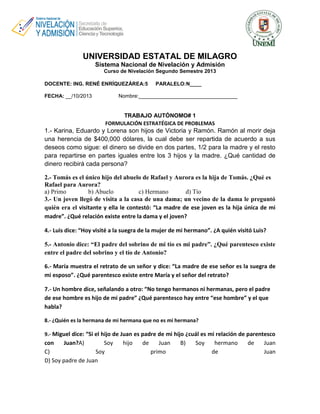 UNIVERSIDAD ESTATAL DE MILAGRO
Sistema Nacional de Nivelación y Admisión
Curso de Nivelación Segundo Semestre 2013
DOCENTE: ING. RENÉ ENRÍQUEZÁREA:5
FECHA: __/10/2013

PARALELO:N____

Nombre:__________________________________

TRABAJO AUTÓNOMO# 1
FORMULACIÓN ESTRATÉGICA DE PROBLEMAS

1.- Karina, Eduardo y Lorena son hijos de Victoria y Ramón. Ramón al morir deja
una herencia de $400,000 dólares, la cual debe ser repartida de acuerdo a sus
deseos como sigue: el dinero se divide en dos partes, 1/2 para la madre y el resto
para repartirse en partes iguales entre los 3 hijos y la madre. ¿Qué cantidad de
dinero recibirá cada persona?
2.- Tomás es el único hijo del abuelo de Rafael y Aurora es la hija de Tomás. ¿Qué es
Rafael para Aurora?
a) Primo
b) Abuelo
c) Hermano
d) Tío
3.- Un joven llegó de visita a la casa de una dama; un vecino de la dama le preguntó
quién era el visitante y ella le contestó: “La madre de ese joven es la hija única de mi
madre”. ¿Qué relación existe entre la dama y el joven?
4.- Luis dice: “Hoy visité a la suegra de la mujer de mi hermano”. ¿A quién visitó Luis?
5.- Antonio dice: “El padre del sobrino de mi tío es mi padre”. ¿Qué parentesco existe
entre el padre del sobrino y el tío de Antonio?
6.- María muestra el retrato de un señor y dice: “La madre de ese señor es la suegra de
mi esposo”. ¿Qué parentesco existe entre María y el señor del retrato?
7.- Un hombre dice, señalando a otro: “No tengo hermanos ni hermanas, pero el padre
de ese hombre es hijo de mi padre” ¿Qué parentesco hay entre “ese hombre” y el que
habla?
8.- ¿Quién es la hermana de mi hermana que no es mi hermana?
9.- Miguel dice: “Si el hijo de Juan es padre de mi hijo ¿cuál es mi relación de parentesco

con
Juan?A)
Soy
C)
Soy
D) Soy padre de Juan

hijo

de

Juan
primo

B)

Soy

hermano
de

de

Juan
Juan

 