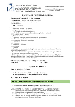UNIVERSIDAD DE GUAYAQUIL
VICERRECTORADO DE FORMACIÓN
ACADÉMICA Y PROFESIONAL
DIRECCIÓN DE ADMISIÓN Y NIVELACIÓN
Cdla. Universitaria Salvador Allende
www.ug.edu.ec
www.admisionynivelacion.ug.edu.ec
Guayaquil - Ecuador
FACULTAD DE INGENIERIA INDUSTRIAL
NOMBRE DEL ESTUDIANTE: NATHAN SANI
ASIGNATURA: LENGUAJE Y COMUNICACIÓN
FECHA: 22/08/21
TEMA: LENGUAJE
4.1. Pre-escritura, escritura y pos-escritura.
4.2. Comprensión y significados de palabras:
4.2.1. Por el contexto (composición semántica):
4.2.2. Por familias de palabras: mismo lexema (palabras primitivas y derivadas)
4.2.3. Formación (sufijos y prefijos)
4.3. Por relación de palabras:
4.3.1. Sinonimia: conceptual o referencial o contextual, de connotación,
4.3.2. Antonimia, negación, excluyentes o recíprocos o inversos
4.3.3. Homónimas: homógrafas y homófonas,
4.4. Monosémicas,
4.5. Polisémicas,
4.6. Hiperónimos e hipónimos,
4.7. Heterónimas
4.8. Parónimas
4.9. Analogías: con opuestos, funcionales, género/especie, continente y contenido, causa/efecto, que
involucran acciones correctivas.
4.10. Recursos retóricos: refranes, preguntas retóricas, reiteraciones, fórmulas de despersonalización.
4.11. Conectores: temporales, espaciales y conclusivos.
4.12. Estrategias de escritura creativa: escribir a partir de la observación de una imagen, la hipótesis
fantástica, escribir a partir de textos existentes, historias inventadas, palabra insólita, historias invertidas,
ensalada de cuentos, cadáver exquisito, el lipograma.
DOCENTE: LCDA.MAGDALENA MÁRQUEZ MONCAYO
UNIDAD: 4 PARALELO:
TRABAJO AUTÓNOMO # 4
INDICACIONES GENERALES:
➢ Se valorará según la rúbrica de trabajo autónomo.
➢ Lea detenidamente y resuelva las siguientes preguntas.
DESARROLLO DE TEMAS:
TEMA: 4.1. PRE-ESCRITURA, ESCRITURA Y POS-ESCRITURA.
LEA CADA PREGUNTA E IDENTIFIQUE LA OPCIÓN CORRECTA.
1. SELECCIONE LOS PASOS CORRESPONDIENTES A LA PREESCRITURA
1. Antes de escribir tiene que recopilar lecturas sobre temas relacionados de interés.
2. Escriba su primer borrador que será luego corregido.
3. Elija un tema que sea de su agrado y de la comunidad a la que se va a dirigir.
4. El escritor debe ser un observador y recopilador de datos, ya que la fidelidad de los
mismos puede ocasionar demandas académicas.
 