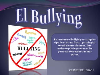 En resumen el bullying es cualquier
tipo de maltrato físico , psicológico
o verbal entre alumnos. Este
maltrato puede generar en las
personas consecuencias muy
graves.

CARMEN DEL POZO.I

 