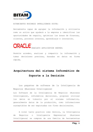 BITAM/ARTUS BUSINESS INTELLIGENCE SUITE:

Herramienta capaz de agrupar la información y utilizarla
como un activo que ayudará a la empresa a identificar las
oportunidades de negocio, optimizar las áreas de finanzas,
clientes, procesos internos, aprendizaje e innovación.



                     ORACLE9I APPLICATION SERVER:

Permite    acceder,       analizar     y    compartir        la   información     y
tomar    decisiones        precisas,       basadas      en    datos     en    forma
rápida.




Arquitectura del sistema Informático de
                   Soporte a la Decisión


      Los paquetes de software de la Inteligencia de
Negocios (Business Intelligence)
Los   Software      de    la    Inteligencia       de    Negocios       (Business
Intelligence),       informática       decisional,           proponen    utilizar
los     datos   en       tránsito     por     el     sistema       informativo,
generalmente       datos    de la     producción, como            informaciones
susceptibles de ser explotadas con fines decisionales.


      A nivel tanto practico como técnico, la Inteligencia
de      Negocios     o         Inteligencia        Empresarial          (Business
Intelligence) se compone de una familia de herramientas

                                                                             Pág. 14
 