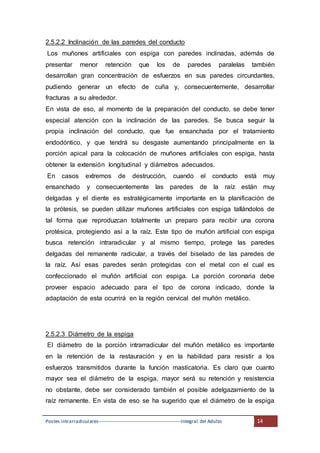 Postes intrarradiculares---------------------------------------------------Integral del Adulto 14
2.5.2.2 Inclinación de las paredes del conducto
Los muñones artificiales con espiga con paredes inclinadas, además de
presentar menor retención que los de paredes paralelas también
desarrollan gran concentración de esfuerzos en sus paredes circundantes,
pudiendo generar un efecto de cuña y, consecuentemente, desarrollar
fracturas a su alrededor.
En vista de eso, al momento de la preparación del conducto, se debe tener
especial atención con la inclinación de las paredes. Se busca seguir la
propia inclinación del conducto, que fue ensanchada por el tratamiento
endodóntico, y que tendrá su desgaste aumentando principalmente en la
porción apical para la colocación de muñones artificiales con espiga, hasta
obtener la extensión longitudinal y diámetros adecuados.
En casos extremos de destrucción, cuando el conducto está muy
ensanchado y consecuentemente las paredes de la raíz están muy
delgadas y el diente es estratégicamente importante en la planificación de
la prótesis, se pueden utilizar muñones artificiales con espiga tallándolos de
tal forma que reproduzcan totalmente un preparo para recibir una corona
protésica, protegiendo así a la raíz. Este tipo de muñón artificial con espiga
busca retención intraradicular y al mismo tiempo, protege las paredes
delgadas del remanente radicular, a través del biselado de las paredes de
la raíz. Así esas paredes serán protegidas con el metal con el cual es
confeccionado el muñón artificial con espiga. La porción coronaria debe
proveer espacio adecuado para el tipo de corona indicado, donde la
adaptación de esta ocurrirá en la región cervical del muñón metálico.
2.5.2.3 Diámetro de la espiga
El diámetro de la porción intrarradicular del muñón metálico es importante
en la retención de la restauración y en la habilidad para resistir a los
esfuerzos transmitidos durante la función masticatoria. Es claro que cuanto
mayor sea el diámetro de la espiga, mayor será su retención y resistencia
no obstante, debe ser considerado también el posible adelgazamiento de la
raíz remanente. En vista de eso se ha sugerido que el diámetro de la espiga
 