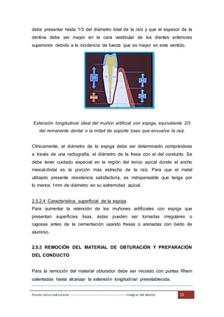 Postes intrarradiculares---------------------------------------------------Integral del Adulto 15
debe presentar hasta 1/3 del diámetro total de la raíz y que el espesor de la
dentina debe ser mayor en la cara vestibular de los dientes anteriores
superiores debido a la incidencia de fuerza que es mayor en este sentido.
Extensión longitudinal ideal del muñón artificial con espiga, equivalente 2/3
del remanente dental o la mitad de soporte óseo que envuelve la raíz.
Clínicamente, el diámetro de la espiga debe ser determinado comprándose
a través de una radiografía, el diámetro de la fresa con el del conducto. Se
debe tener cuidado especial en la región del tercio apical donde el ancho
mesial-distal es la porción más estrecha de la raíz. Para que el metal
utilizado presente resistencia satisfactoria, es indispensable que tenga por
lo menos 1mm de diámetro en su extremidad apical.
2.5.2.4 Característica superficial de la espiga
Para aumentar la retención de los muñones artificiales con espiga que
presentan superficies lisas, éstas pueden ser tornadas irregulares o
rugosas antes de la cementación usando fresas o arenadas con óxido de
aluminio.
2.5.3 REMOCIÓN DEL MATERIAL DE OBTURACIÓN Y PREPARACIÓN
DEL CONDUCTO
Para la remoción del material obturador debe ser iniciado con puntas Rhein
calentadas hasta alcanzar la extensión longitudinal preestablecida.
 