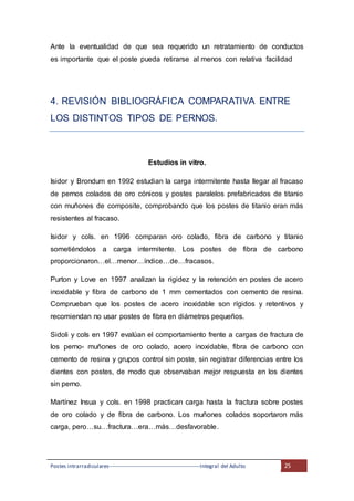 Postes intrarradiculares---------------------------------------------------Integral del Adulto 25
Ante la eventualidad de que sea requerido un retratamiento de conductos
es importante que el poste pueda retirarse al menos con relativa facilidad
4. REVISIÓN BIBLIOGRÁFICA COMPARATIVA ENTRE
LOS DISTINTOS TIPOS DE PERNOS.
Estudios in vitro.
Isidor y Brondum en 1992 estudian la carga intermitente hasta llegar al fracaso
de pernos colados de oro cónicos y postes paralelos prefabricados de titanio
con muñones de composite, comprobando que los postes de titanio eran más
resistentes al fracaso.
Isidor y cols. en 1996 comparan oro colado, fibra de carbono y titanio
sometiéndolos a carga intermitente. Los postes de fibra de carbono
proporcionaron…el…menor…índice…de…fracasos.
Purton y Love en 1997 analizan la rigidez y la retención en postes de acero
inoxidable y fibra de carbono de 1 mm cementados con cemento de resina.
Comprueban que los postes de acero inoxidable son rígidos y retentivos y
recomiendan no usar postes de fibra en diámetros pequeños.
Sidoli y cols en 1997 evalúan el comportamiento frente a cargas de fractura de
los perno- muñones de oro colado, acero inoxidable, fibra de carbono con
cemento de resina y grupos control sin poste, sin registrar diferencias entre los
dientes con postes, de modo que observaban mejor respuesta en los dientes
sin perno.
Martínez Insua y cols. en 1998 practican carga hasta la fractura sobre postes
de oro colado y de fibra de carbono. Los muñones colados soportaron más
carga, pero…su…fractura…era…más…desfavorable.
 