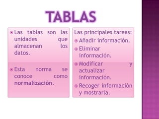  Las tablas son las   Las principales tareas:
 unidades       que     Añadir información.
 almacenan       los    Eliminar
 datos.                  información.
                        Modificar           y
 Esta   norma    se     actualizar
 conoce        como      información.
 normalización.         Recoger información
                         y mostrarla.
 