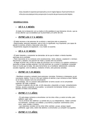 clase,basadoenaspectosperceptualesynoen reglaslógicas.El pensamientoen
niñosde estaedadpermite comprenderlanociónde permanenciadel objeto.
DESARROLLO SOCIAL
 DE 0 A 3 MESES:
-A través de la interacción con su madre el niño establece lo que llamamos vínculo, que es
el lazo afectivo que se establece por la proximidad y el cariño del otro.
 ENTRE LOS 3 Y 6 MESES:
- El bebé reconoce a las personas de su entorno y reacciona ante su presencia.
- Determinadas personas adquieren para el niño un significado muy importante y es capaz de
percibir la sonrisa, el llanto y reaccionar ante ellos.
- Experimenta angustia de separación, si su madre se ausenta.
 DE 6 A 12 MESES:
- El bebé interpreta y comprende las demandas de los que le rodean e intenta hacerles
partícipes de su actividad.
- Tiene reacciones en su conducta como vocalizaciones, llanto, abrazos, aceptación o rechazo.
Discriminan y adoptan una posición de miedo y cautela ante los extraños.
- Al llegar al primer año, el niño es capaz de reconocer se a sí mismo y su carácter comienza a
asociarse a claves sociales externas: si el niño está bien va a sonreír y manifestar curiosidad
hacia el mundo que le rodea. De esta misma forma va a manifestar abiertamente conductas
sociales negativas como la defensa, mediante el llanto, ante personas extrañas.
 ENTRE 18 Y 24 MESES:
- Manifiesta simpatía o antipatía hacia personas concretas. Comienza a interesarse ya por
sus propios objetos. Ya es un niño que colabora al vestirse y que comienza a tener hábitos
en la mesa y respeta turno de comunicación.
- Sin embargo, aún no conocen adecuadamente la norma social o no la comprenden
pudiendo dar lugar a rabietas.
- Durante el segundo año de vida, el niño descubre y desarrolla un nuevo comportamiento:
bromea, asusta y sorprende a sus padres. La sensación de bienestar familiar aumenta y
también el miedo a los extraños.
 ENTRE 2 Y 3 AÑOS:
- En esta etapa comienza a encontrarse con los otros niños y a estar con ellos, pero
prefieren jugar solos.
- Es en el tercer año reafirman su sentido del yo y su independencia. Saben controlar
sus esfínteres, controlan sus enfados y sus llantos y expresan sentimientos como
amor, celos, envidia o tristeza.
- Las relaciones sociales con los otros niños cambian, ya que, aunque siguen
prefiriendo jugar solos, están más abiertos a comunicarse y a compartir sus juguetes.
 ENTRE 4 Y 5 AÑOS:
 