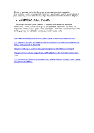 - El niño se preocupa por los demás, comparte sus cosas y demuestra su cariño.
- Sus contactos sociales en este periodo no son muy grandes, pero aprende a acomodarse al
grupo, coopera y participa en el mismo, aunque no aceptan claramente las normas del grupo.
 A PARTIR DE LOS 6 y 7 AÑOS:
- Coincidiendo con la Educación Primaria, se empiezan a establecer las verdaderas
interacciones sociales, a través de las que el niño aprenderá a conocerse a sí mismo y a
respetar las normas de grupo y está será la preparación fundamental para relacionarse con los
demás y aprender las habilidades sociales que regirán la vida adulta.
http://www.guiainfantil.com/1679/los-reflejos-primarios-y-secundarios-del-bebe.html
http://www.abcdelbebe.com/bebe/0-6-meses/salud/reflejos-del-bebe-desaparecen-con-el-
tiempo-en-su-proceso-de-desarrollo
http://www.educaguia.com/Biblioteca/apuntes/aplicaciones/ambitopsicomotriz.pdf
http://medicinapsicologica.blogspot.com.ar/2011/12/etapas-del-desarrollo-intelectual-de-
j.html
http://psidesarrollo3equipo20.wikispaces.com/TEMA+5.+DESARROLLO+EMOCIONAL,+SOCIAL
+e+IDENTIDAD+Y+MORAL
 