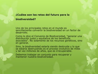 ¿Cuáles son los retos del futuro para la
biodiversidad?


Uno de los principales retos en el mundo es
sencillamente convertir la biodiversidad en un factor de
desarrollo.
Como lo dice el Convenio de Biodiversidad, "generar una
distribución justa y equitativa de los beneficios
asociados". No solamente de los recursos genéticos, sino
en general.
Sino, la biodiversidad estaría siendo destruida y lo que
se estaría destruyendo es el proceso evolutivo de miles
y tal vez millones de años, que es irrecuperable.
Debemos trabajar en conjunto para recuperar y
mantener nuestra biodiversidad.
 