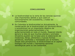 CONCLUSIONES


 La biodiversidad es la rama de las ciencias agrarias
  mas importantes debido a que cubre el
  funcionamiento del ecosistema, y todas las
  comunidades.
 En Colombia la biodiversidad es Actualmente, la
  conservación de la biodiversidad (en términos éticos
  y económicos) es un importante objetivo de
  organizaciones gubernamentales y no
  gubernamentales en todo el mundo. Especial interés
  genera la idea de que muchas plantas y animales
  silvestres pueden ser la base para la elaboración de
  medicinas, fibras, alimentos y nuevas formas
  genéticas, diseñadas y manejadas por el hombre.
  Desde esta perspectiva, la biodiversidad es el capital
  biológico del mundo y representa opciones
  estratégicas para su uso sostenible.
 