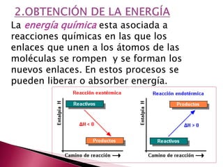 La energía química esta asociada a
reacciones químicas en las que los
enlaces que unen a los átomos de las
moléculas se rompen y se forman los
nuevos enlaces. En estos procesos se
pueden liberar o absorber energía.
 