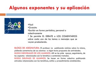 Algunos exponentes y su aplicación Fácil Gratuito Escribir en forma periódica, personal o colectivamente Se permite EL DEBATE o LOS COMENTARIOS sobre cada uno de los temas o mensajes que se vayan produciendo. BLOGS DE ASIGNATURA:  El profesor va  publicando noticias sobre la misma, pidiendo comentarios de sus alumnos  a algún texto propuesto de actividades. BLOGS INDIVIDUALES DE LOS ALUMNOS:  Allí se les pide  apoyo, seguimiento, de los aspectos  relacionados son la temática o contenidos tratados. BLOGS GRUPALES DE ALUMNOS:  Se hacen en forma colectiva publicando entradas relacionadas con las temáticas, estilos y procedimientos establecidos. 