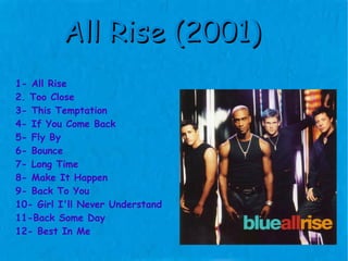 All Rise (2001) 1- All Rise 2. Too Close 3- This Temptation 4- If You Come Back 5- Fly By 6- Bounce 7- Long Time 8- Make It Happen 9- Back To You 10- Girl I'll Never Understand 11-Back Some Day 12- Best In Me 