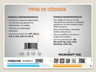 TIPOS DE CÓDIGOS
CODIGOS UNIDIMENSIONALES
 Son barras y espacios organizados
en una línea que guarda una
información y un código.
 250 tipos de simbologías
existentes.
 Los mas comunes son: APC, UPC-A,
UPC-E, EAN, EAN-13, EAN-8.
CODIGOS BIDIMENSIONALES
 Son códigos de barras de alta
capacidad que contiene cantidades
grandes en un solo símbolo, hasta
2000 caracteres.
 Datos horizontales y verticales
(ambas direcciones).
 Estos se codifican a la altura y
longitud de símbolo.
 Los mas comunes son: QR,
Microsoft Tag, Aztec Code,
MaxiCode, Code 16K.
MICROSOFT TAG
3
 