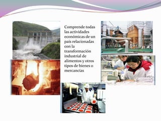 Comprende todas las actividades económicas de un país relacionadas con la transformación industrial de alimentos y otros tipos de bienes o mercancías