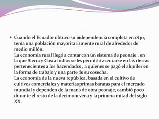 Cuando el Ecuador obtuvo su independencia completa en 1830, tenía una población mayoritariamente rural de alrededor de medio millón.La economía rural llegó a contar con un sistema de peonaje , en la que Sierra y Costa indios se les permitió asentarse en las tierras pertenecientes a los hacendados , a quienes se pagó el alquiler en la forma de trabajo y una parte de su cosecha. La economía de la nueva república, basada en el cultivo de cultivos comerciales y materias primas baratas para el mercado mundial y dependen de la mano de obra peonaje, cambió poco durante el resto de la decimonovena y la primera mitad del siglo XX.