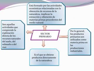 Está formado por las actividades económicas relacionadas con la obtención de recursos de la naturaleza, implican la extracción y obtención de materias primas procedentes del medio natural. Está formado por las actividades económicas relacionadas con la obtención de recursos de la naturaleza, implican la extracción y obtención de materias primas procedentes del medio natural. Está formado por las actividades económicas relacionadas con la obtención de recursos de la naturaleza, implican la extracción y obtención de materias primas procedentes del medio natural. Son aquellas actividades que comprende la explotación directa de los recursos naturales del suelo, del subsuelo o del mar. Son aquellas actividades que comprende la explotación directa de los recursos naturales del suelo, del subsuelo o del mar. Son aquellas actividades que comprende la explotación directa de los recursos naturales del suelo, del subsuelo o del mar. Por lo general, los productos primarios son utilizados como materia prima en las producciones industriales.  Por lo general, los productos primarios son utilizados como materia prima en las producciones industriales.  SECTOR PRIMARIOEs el que se obtiene productos directamente de la naturaleza 