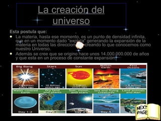 La creación del universo Esta postula que:  La materia, hasta ese momento, es un punto de densidad infinita, que en un momento dado "explota" generando la expansión de la materia en todas las direcciones y creando lo que conocemos como nuestro Universo. Además se cree que se origino hace unos 14.000.000.000 de años y que esta en un proceso de constante expansión. 