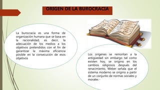 La burocracia es una forma de
organización humana que se basa en
la racionalidad, es decir, la
adecuación de los medios a los
objetivos pretendidos con el fin de
garantizar la máxima eficiencia
posible en la consecución de esos
objetivos
Los orígenes se remontan a la
antigüedad sin embargo tal como
existen hoy, se origino en los
cambios religiosos después del
renacimiento, Weber señala que el
sistema moderno se origino a partir
de un conjunto de normas sociales y
morales -
ORIGEN DE LA BUROCRACIA
 
