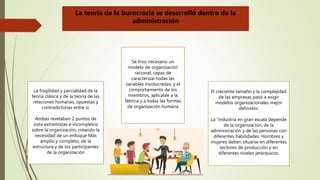 La fragilidad y parcialidad de la
teoría clásica y de la teoría de las
relaciones humanas, opuestas y
contradictorias entre sí.
Ambas revelaban 2 puntos de
vista extremistas e incompletos
sobre la organización, creando la
necesidad de un enfoque Más
amplio y completo, de la
estructura y de los participantes
de la organización
Se hizo necesario un
modelo de organización
racional, capaz de
caracterizar todas las
variables involucradas, y el
comportamiento de los
miembros, aplicable a la
fábrica y a todas las formas
de organización humana
El creciente tamaño y la complejidad
de las empresas pasó a exigir
modelos organizacionales mejor
definidos.
La “industria en gran escala depende
de la organización, de la
administración y de las personas con
diferentes habilidades. Hombres y
mujeres deben situarse en diferentes
sectores de producción y en
diferentes niveles jerárquicos.
La teoría de la burocracia se desarrolló dentro de la
administración
 