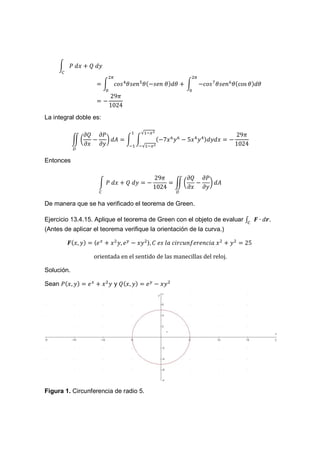'	         + (	
                                                                              L
                                                                                  −4K3 @ I3"< A I(cos I   I
                                     L
                           =             4K3 I3"< I (−3"<	I ) I +	
                                     295
                                 ?        	
                                     1024
La integral doble es:

              .( .'                                 √ T% U
                                                                                                  295
            NO ? P Q                                          ?7   A A
                                                                         ?5                   ?
              .  .                             T    T√ T% U                                       1024
                V

Entonces

                                                           295            .( .'
                                 '	           (	       ?            NO      ? P Q
                                                           1024           .  .
                                                                    V

De manera que se ha verificado el teorema de Green.

Ejercicio 13.4.15. Aplique el teorema de Green con el objeto de evaluar W X ∙ Z.
(Antes de aplicar el teorema verifique la orientación de la curva.)

         X ,              〈" %             , "# ?      〉, 	"3	B;	4CD4E< "D"<4C;	                    25	

                       orientada	en	el	sentido	de	las	manecillas	del	reloj.

Solución.

Sean '      ,        "%                  y(    ,       "# ?




Figura 1. Circunferencia de radio 5.
 