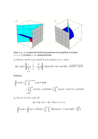Sean r , r , r , la parte del cilindro que pertenece a la superficie S, el plano
       2, y el plano        0, respectivamente.

r : D I,
    !              3"<	I	$
                         !           &
                                     !          l!
                                          cos I	m , 0       I   25, 0            2 ? 3"<	I

                       $
                       !           &
                                   !   l!
                                       m
  wDx y D# w
   !    !           zcos I         0 ?3"<	I z           w 3"<	I $ ? 0&
                                                                !    !               l!
                                                                               cos I	m w     {3"< I    	 4K3 I
                       0           1   0
                        1

Entonces

                       L        T|}~	x
 N         	 r                            	3"<	I 	      I
 v•
                           1     L
                                                                     1    L
                                     3"<	I	 2 ? 3"<	I           I             4	3"<	I ? 4	3"< 	I	     3"< I	 I
                           2                                         2
                           25

r :	D ,
    !              $
                   !       2?         &
                                      !     l!
                                            m

                                     ‖D% y D• ‖
                                      !    !         ‖?$ ? &‖
                                                       ! !          √2,              1.

                                                            L
                                                                                                      ?√2
      N      	 r       N         2?       √2	 Q                 √2 2D3"<	I ? 	 D 3"< 	I         I         5
                                                                                                       4
      vU               V
 