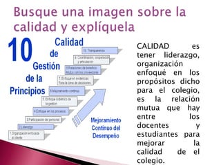 CALIDAD
es
tener liderazgo,
organización
enfoqué en los
propósitos dicho
para el colegio,
es la relación
mutua que hay
entre
los
docentes
y
estudiantes para
mejorar
la
calidad
de el
colegio.

 