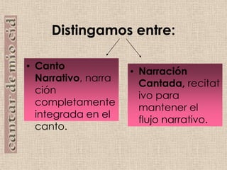 Distingamos entre:Canto Narrativo, narración completamente integrada en el canto.Narración Cantada, recitativo para mantener el flujo narrativo.