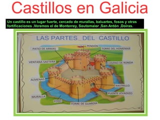 Castillos en Galicia
Un castillo es un lugar fuerte, cercado de murallas, baluartes, fosos y otras
fortificaciones .Veremos el de Monterrey, Soutomaior ,San Antón ,Doiras.
 