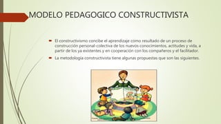 MODELO PEDAGOGICO CONSTRUCTIVISTA
 El constructivismo concibe el aprendizaje como resultado de un proceso de
construcción personal-colectiva de los nuevos conocimientos, actitudes y vida, a
partir de los ya existentes y en cooperación con los compañeros y el facilitador.
 La metodología constructivista tiene algunas propuestas que son las siguientes.
 