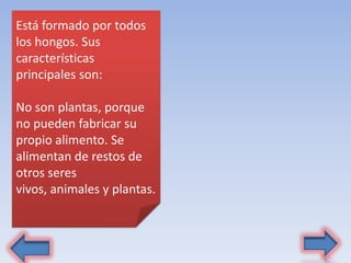 Está formado por todos
los hongos. Sus
características
principales son:
No son plantas, porque
no pueden fabricar su
propio alimento. Se
alimentan de restos de
otros seres
vivos, animales y plantas.
 