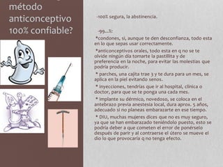 método
anticonceptivo
100% confiable?
-100% segura, la abstinencia.
-99...%:
*condones, si, aunque te den desconfianza, todo esta
en lo que sepas usar correctamente.
*anticonceptivos orales, todo esta en q no se te
olvide ningún día tomarte la pastillita y de
preferencia en la noche, para evitar las molestias que
podría producir.
* parches, una cajita trae 3 y te dura para un mes, se
aplica en la piel evitando senos.
* inyecciones, tendrías que ir al hospital, clínica o
doctor, para que se te ponga una cada mes.
* implante su dérmico, novedoso, se coloca en el
antebrazo previa anestesia local, dura aprox. 5 años,
adecuado si no planeas embarazarte en ese tiempo.
* DIU, muchas mujeres dices que no es muy seguro,
ya que se han embarazado teniéndolo puesto, esto se
podría deber a que cometen el error de ponérselo
después de parir y al contraerse el útero se mueve el
dio lo que provocaría q no tenga efecto.
 
