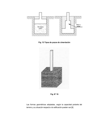 Fig. 15 Tipos de pozos de cimentación
Fig. N° 16
Las formas geométricas adoptadas, según la capacidad portante del
terreno y su situación respecto a la edificación pueden ser:[9]
 