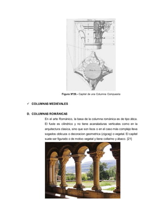 Figura Nº29.- Capitel de una Columna Compuesta
 COLUMNAS MEDIEVALES
D. COLUMNAS ROMÁNICAS
En el arte Románico, la basa de la columna románica es de tipo ática.
El fuste es cilindrico y no tiene acanaladuras verticales como en la
arquitectura clasica, sino que son lisos o en el caso más complejo lleva
sogados oblicuos o decoracion geometrica (zigzag) o vegetal. El capitel
suele ser figurado o de motivo vegetal y tiene collarino y ábaco. [21]
 