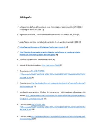 Bibliografía
 Juliopacheco Zúñiga, El maestro de obra - tecnologíade laconstrucción(SENCICO),3°
ed.corregidomarzodel 2012. [1]
 Ingenierosasociados, La enciclopedia dela construcción (CAPECO)1°ed.,2010. [2]
 JesúsAbantoMorales, tecnología del concreto, 1° ed.,quintareimpresión-2013.[3]
 http://www.slideshare.net/fredyteran/suelos-para-construir[4]
 http://puntoedu.pucp.edu.pe/entrevistas/un-suelo-bueno-se-mantiene-intacto-
durante-un-terremoto-y-resiste-bastante-peso/[5]
 Gonzalo DuqueEscobar, Mecánicade suelos[6]
 Historia de las cimentaciones ,http://oa.upm.es/6340/ [7]
 Cimentaciones,file:///D:/VICTOR-
PC/Downloads/CIMENTACIONES_%20ALTERNATIVAS%20DE%20FORMULACI%C3%93N%2
0AL%20CTE.pdf [8]
 Cimentaciones,http://webdelprofesor.ula.ve/ingenieria/nbelandria/materias/geotecnia/C
imentaciones.pdf [9]
 prontuario características técnicas de los terrenos y cimentaciones adecuadas a los
mismos,http://www.mapfre.com/ccm/content/documentos/mapfrere/fichero/es/Prontu
ario-Suelos-Cimentaciones.pdf [10]
 Cimentaciones,file:///D:/VICTOR-
PC/Downloads/CIMENTACIONES_%20ALTERNATIVAS%20DE%20FORMULACI%C3%93N%2
0AL%20CTE.pdf [11]
 Cimentaciones,http://webdelprofesor.ula.ve/ingenieria/nbelandria/materias/geotecnia/C
imentaciones.pdf [12]
 