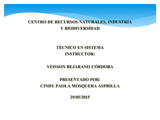 CENTRO DE RECURSOS NATURALES, INDUSTRIA
Y BIODIVERSIDAD
TÉCNICO EN SISTEMA
INSTRUCTOR:
YEISSON BEJARANO CÓRDOBA
PRESENTADO POR:
CINDY PAOLA MOSQUERA ASPRILLA
29/05/2015
 