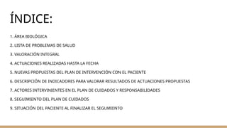 ÍNDICE:
1. ÁREA BIOLÓGICA
2. LISTA DE PROBLEMAS DE SALUD
3. VALORACIÓN INTEGRAL
4. ACTUACIONES REALIZADAS HASTA LA FECHA
5...
