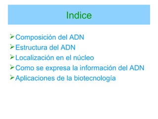Indice
Composición del ADN
Estructura del ADN
Localización en el núcleo
Como se expresa la información del ADN
Aplicaciones de la biotecnología
 