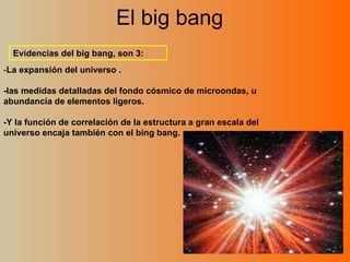El big bang  - La expansión del universo . -las medidas detalladas del fondo cósmico de microondas, u abundancia de elementos ligeros. -Y la función de correlación de la estructura a gran escala del universo encaja también con el bing bang. Evidencias del big bang, son 3: 