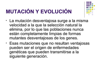 MUTACIÓN Y EVOLUCIÓN
• La mutación desventajosa surge a la misma
velocidad a la que la selección natural la
elimina, por lo que las poblaciones nunca
están completamente limpias de formas
mutantes desventajosas de los genes.
• Esas mutaciones que no resultan ventajosas
pueden ser el origen de enfermedades
genéticas que pueden transmitirse a la
siguiente generación.
 