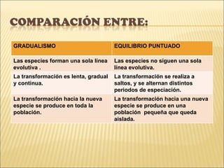 GRADUALISMO EQUILIBRIO PUNTUADO Las especies forman una sola línea evolutiva . Las especies no siguen una sola línea evolutiva. La transformación es lenta, gradual y continua. La transformación se realiza a saltos, y se alternan distintos periodos de especiación. La transformación hacia la nueva especie se produce en toda la población. La transformación hacia una nueva especie se produce en una población  pequeña que queda aislada. 