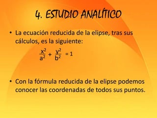 4. ESTUDIO ANALÍTICOLa ecuación reducida de la elipse, tras sus cálculos, es la siguiente:			x2      y2Con la fórmula reducida de la elipse podemos conocer las coordenadas de todos sus puntos.+= 1a2      b2